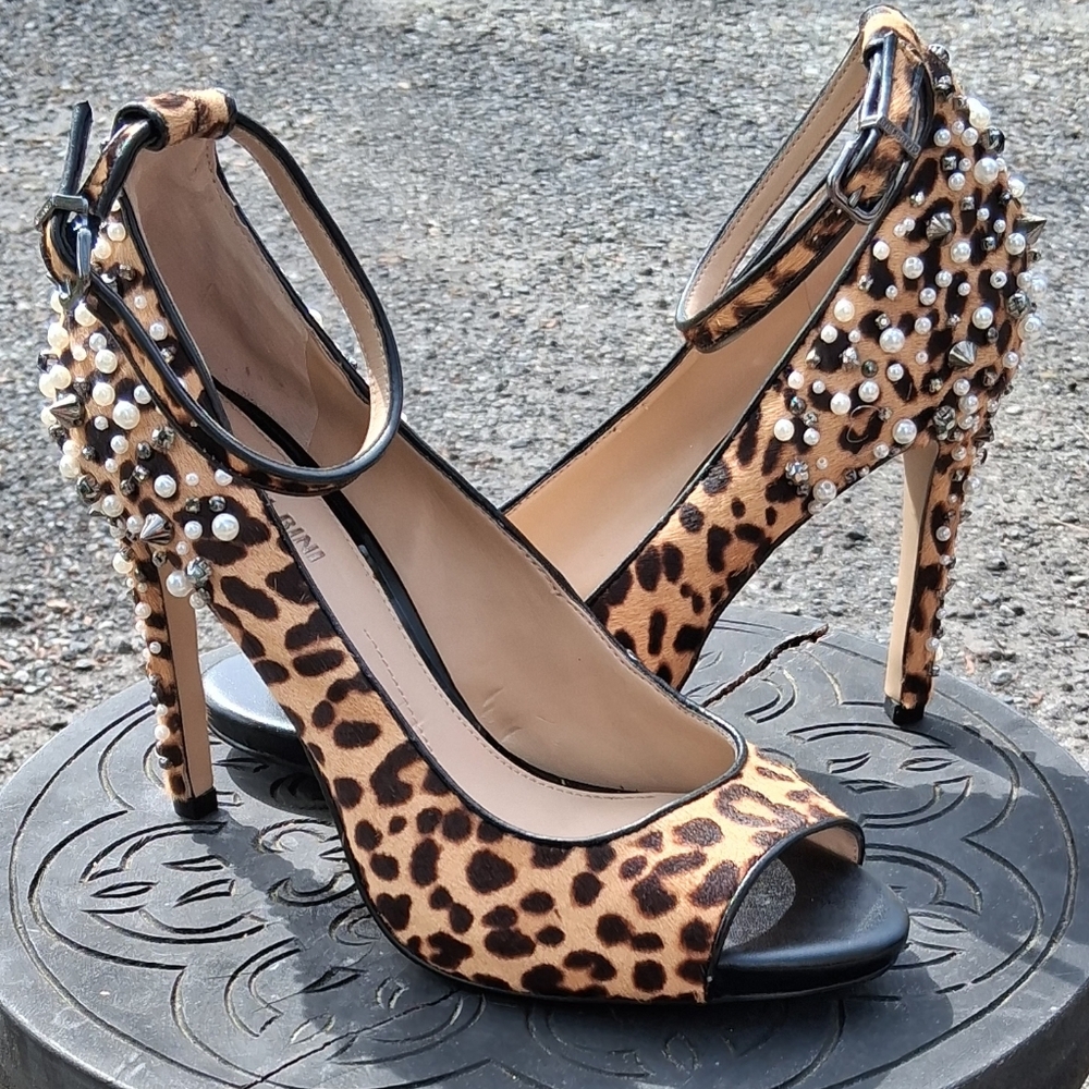 Gianni Bini Leopard Print Peep-Toe Ankle-Strap Heels with Pearl & Stud Accents